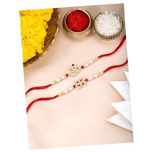 Image of Peora Om Shree Ram Swastik Rakhi for Brother Bhaiya | Crystal & Beads Studded | Red Thread | Raksha Bandhan Hamper with Roli Chawal Greeting Card