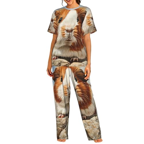 Pyjama léger manches courtes femme imprimé cochon d'Inde short nuit homewear coton