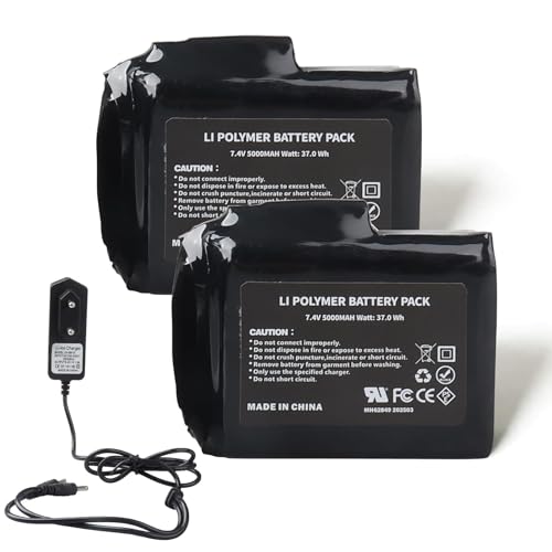 Lot de 2 Batteries Lithium-polymère Rechargeables 7,4 V 5 000 mAh 37 Wh avec Chargeur pour Gants Chauffants,Chaussettes chauffantes,Bonnets Chauffants, cagoules chauffantes,Semelles chauffantes