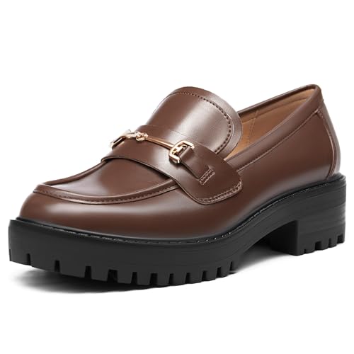 Image of VETASTE Women's Platform Chunky Heel Loafers Slip on Business Casual Shoes | Classic Closed Round Toe, Lug Sole, Work Office Uniform Oxfords, Metal Chain