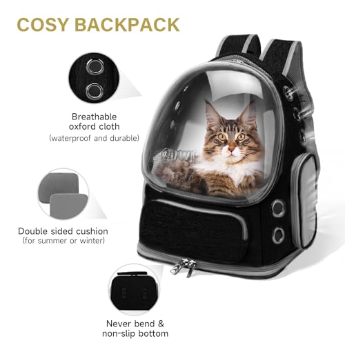 Image of Cat Backpack Carrier, Breathable Cat Carrier Large Space Bubble Pet Backpack for Kitty Small Dog up to 15lbs, Transparent & Foldable Pet Carrier for Travel Hiking (Black)