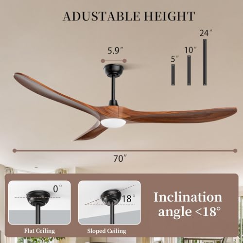 Image of Obabala 70 inch Outdoor Ceiling Fan with Light and Remote, Solid Wood 3-Blade Ceiling Fan with DC Motor for Patio and Farmhouse, Dark Walnut