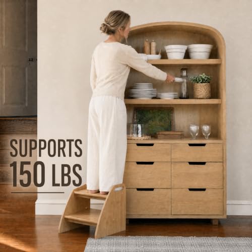 Image of Bamboo 2 Step Stool 300lbs Capacity, Wooden Two Step Stool with Non-Slip Handles, Heavy Duty Stepping Stool for Bedside High Beds Adults, Sturdy Small Bathroom Kitchen Wooden Step Stool