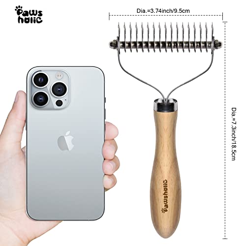 Professional Pet Shedding Dematting Comb - Pawsholic Solid Wood Metal Pet Brush With Dual Sides Grooming Rake Tool For Pet Cats & Dogs Matted Hair & Tangles Removing, Reduces Shedding For Long Hair/ Small/ Medium/ Large Breeds (Double Sides) #TOP2