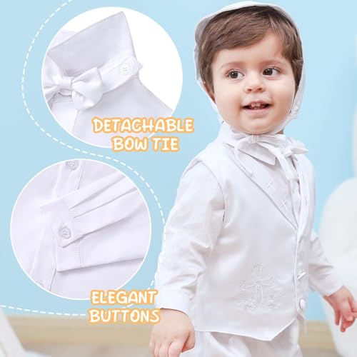 Booulfi Baptism Outfits for Boys Baby Boy Outfits Christening Gifts White Suits with Dress Shirt Pants (White-#047, 9-12 Months)
