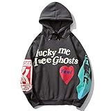 QVQV Sudadera unisex con capucha Kanye Lucky Me I see GHOSTS con estampado de letras sudadera hombres Graffiti Fleece invierno con capucha Hip Hop Abrigos de manga larga