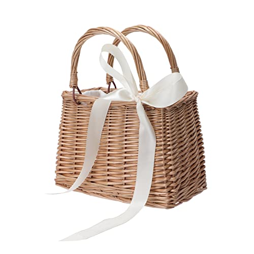 ABOOFAN Small Rattan Woven Handbag Decorative Flower Basket Portable Storage Tote for Wedding Party Home Decor 10.82X9.05X5.11In