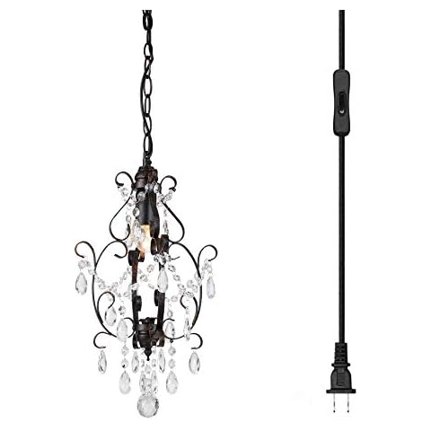 riomasee Plug in Chandelier Mini Bronze Crystal Chandelier 1-Light Plug in Hanging Light Fixture with 14.27 Ft Hanging Cord and On/Off Switch for Bedroom,Dining Room Cover