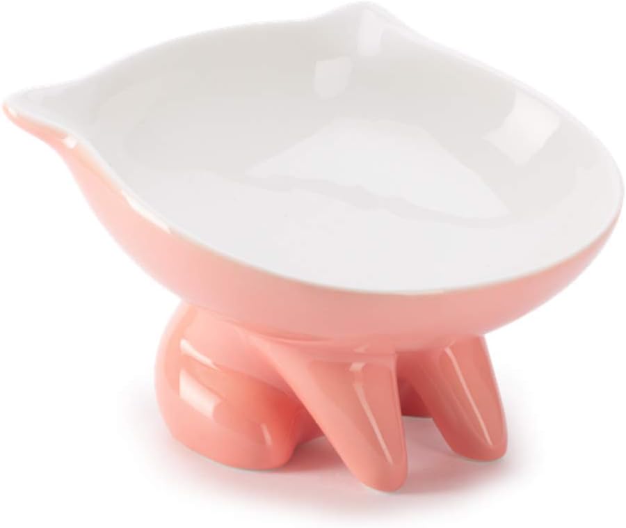 ViviPet Raised Ceramic Cat Food Q Bowl Dish, Tilt Angle Protect Cat's Spine, Stress for Cat - Pink