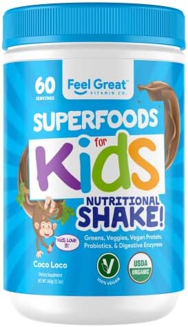 Superfoods for Kids by Feel Great Vitamin Co. | Nutritional Protein Powder for Kids | Kids Protein Powder with Organic Greens, Veggies, & Vegan Protein for Kids | Chocolate Flavor, (60 Servings)