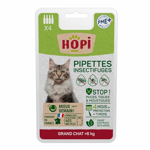 HOPI Pipette Anti Puces Chat de Plus de 6 kg - 4 Mois de Protection Contre Les Puces, Les Tiques et Les Moustiques - Extraits de Plantes - Pratique et Facile - Fabriqué en France