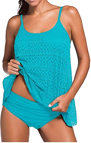 Sucor Damen Sportlich Tankini Mesh Badeanzug Zweiteilig Badeanzüge Elegantes Swimsuit Beachwear mit Bikinislip Plus Size(2XL,Himmelblau) Cover