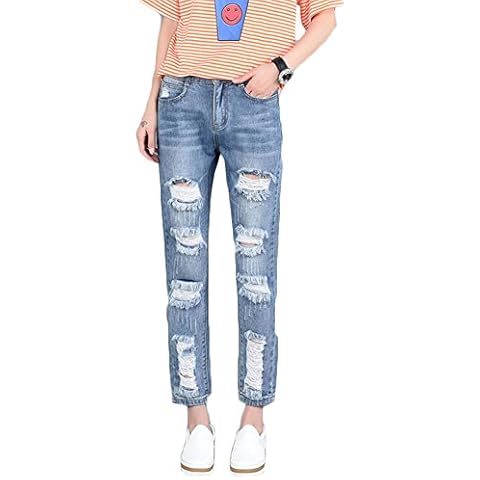 QitunC Women's Denim Ripped Stretchy Hole Pencil Pants Jeans Trousers Low Rise Stretchy Skinny Jeans Light Blue 3XL Cover