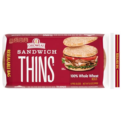 Oroweat 100% Whole Wheat Sandwich Thins Rolls, Sandwich Rounds Free From Artificial Colors, Flavors and Preservatives, 6 Sandwich Rolls