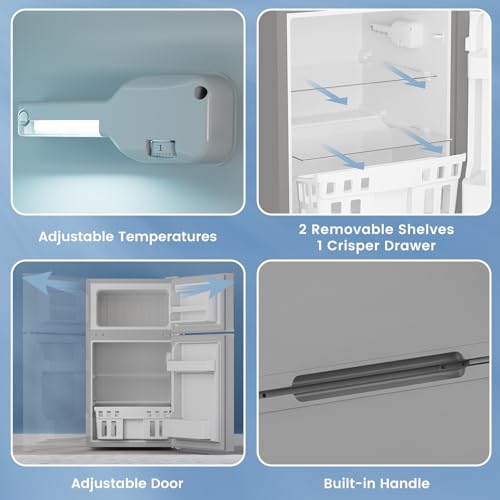 Image of Electactic 3.1 Cu.Ft Mini Fridge with Freezer for Bedroom Office, Grey | 2 Reversible Door, Removable Glass Shelves, Adjustable Thermostat, Energy Efficient Compact Small Refrigerator for Dorm