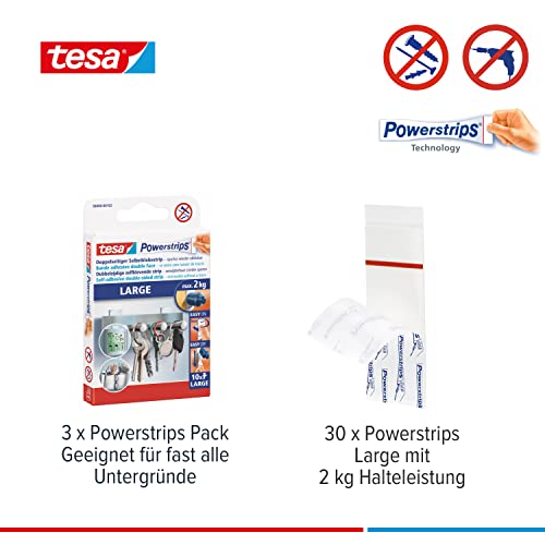 Image of Powerstrips Large in Confezione da 3 - Strisce Biadesive per Il Montaggio di Oggetti Su Superfici Lisce, Fino a 2 Kg di Potenza di Tenuta - 30 Strisce Powerstrips