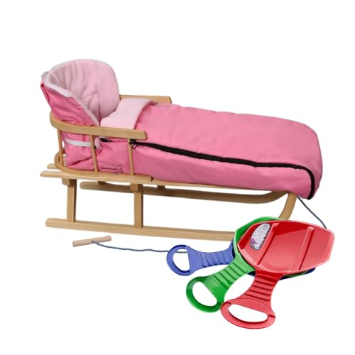 BirnePower Holzschlitten 90cm mit Rückenlehne und Winterfußsack 108cm in Rosa Komplettset inkl. Zugseil & Gurt Rodelschlitten aus Buchenholz (Rosa 108cm)