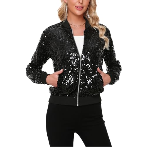 YYPBI Damen Pailletten Jacke Bomberjacke langärmelig glitzernder Bomber Jacke Metallic Festival Konzert Party Jacke mit Taschen Schwarz S