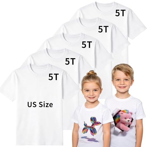 Joyclub 5 PCS Toddler Sublimation Blank T Shirts White Polyester Crew Neck Short Sleeve for Heat Transfer DTF Age 2T-5T White 5t