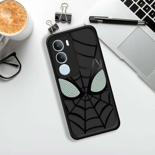 Image of Stylish Spider Back Case Cover Compatible for Vivo T4 lite 5G / Y19 5G / Y19e / Y04 4G / Y29s 5G | Spidey Face Mask Case | Soft Silicone | Camera & Full Body Protection | Shock Proof | (Black)