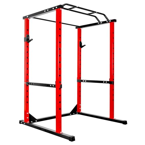 1200lbs Heavy Duty Power Cage, Black Squat Rack with Safety Bars, Adjustable J-Hooks and Safety Arms, Power Rack System for Home Gym, Weightlifting and Cross Training (Red)