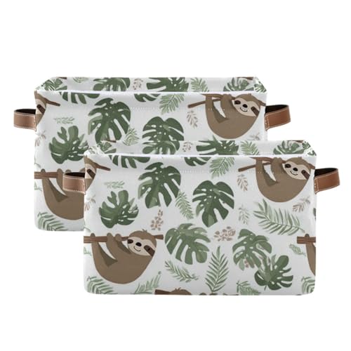 Image of Aslsiy Storage Basket Sloth Tropical Leaves Nursery Bins Baby Box Canvas Clothes Shelf Basket Laundry Hamper Gift Baskets for Home Closet 2 Pcs