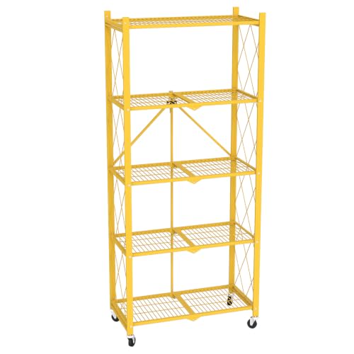 Image of black leopard 5-Tier Foldable Metal Storage Shelf with Wheels, Gold | Foldable Design; 85 lb Capacity per Shelf; Preassembled Frame; Lockable Casters; Reinforced Metal Construction