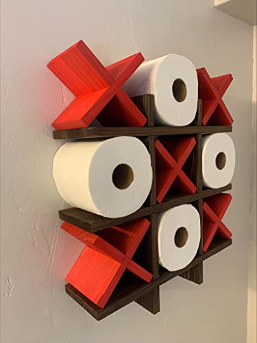 Tic Tac Toe Toilet Paper Holder | Farmhouse Bathroom Decor And Storage For Toilet Tissue Roll | Wooden Wall Mounted Shelves Fun Modern Organizer | 5 X's Blue Or Red (Navy Blue) #TOP6