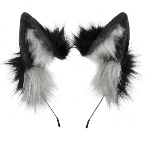 GaliaFaya Cat Wolf Fox Dog Ears Headband Handmade Faux fur Cosplay Halloween Costume Party (Black+Grey)
