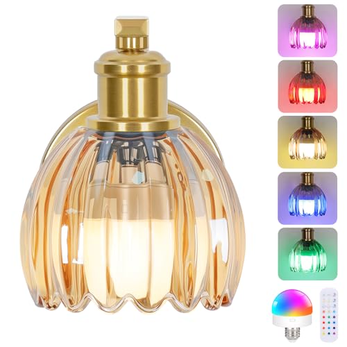 Image of VerRon Rechargeable Battery Operated Wall Sconce with Amber Glass Lampshade, Wireless Wall Scone Decor with Remote Control, 15 Colors Gold Wall Light for Bedside Hallway Bedroom Doorway