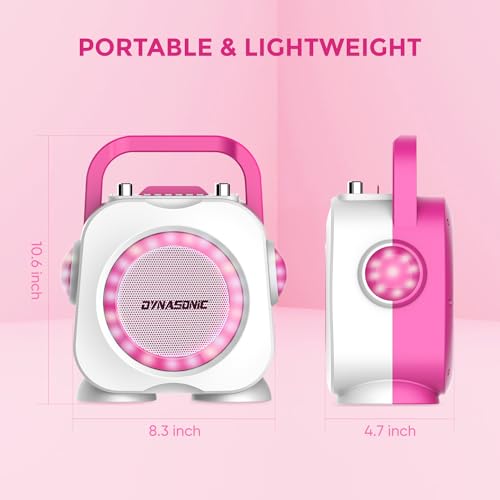 Altavoz karaoke con microfono DYNASONIC rosa recargable y ligero para niñas 2