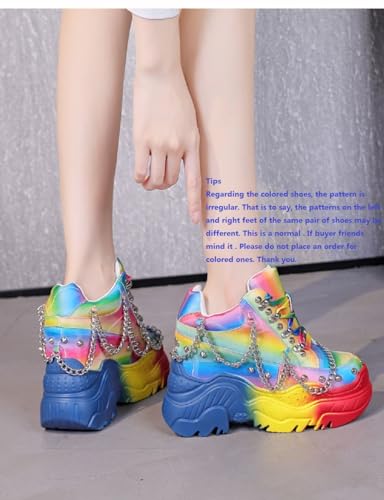 Spring Autumn Height Increasing Platform Metal Chain Rivet Genuine Leather Women Rainbow Color Sneakers Shoes Ladies Wedges Pumps 24014