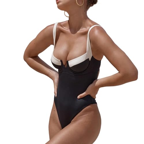 Maillot de bain une pièce à volants noir chic avec col V profond et ceinture pour femme