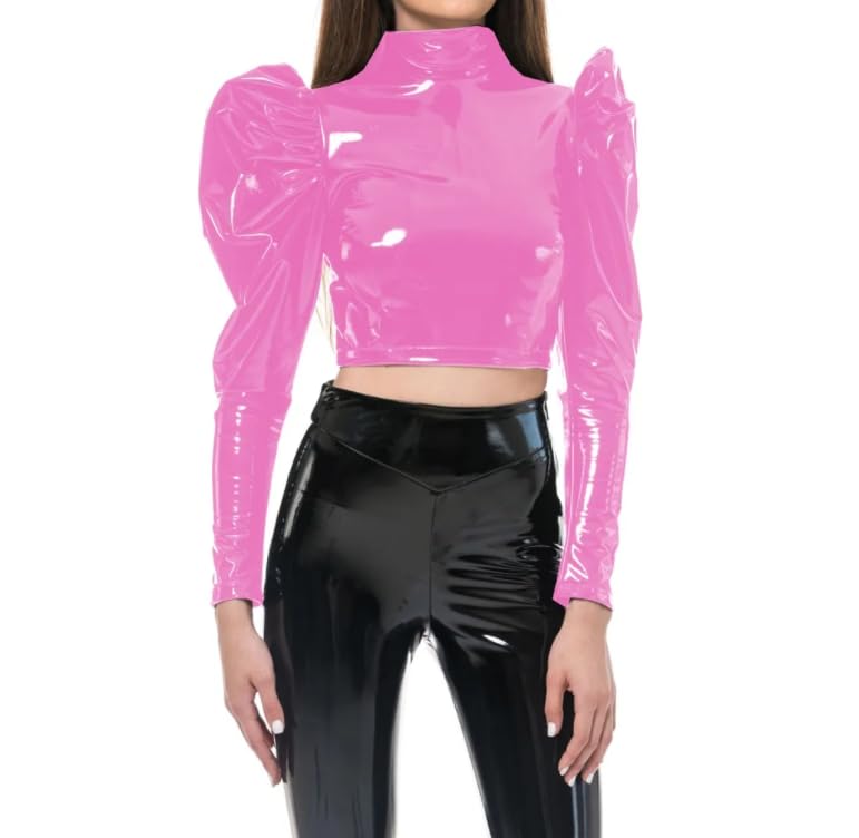 Wetlook - Blusa corta de cuello alto para mujer, manga larga abombada, cremallera trasera, blusa delgada de piel de PVC, ropa de club, personalizada