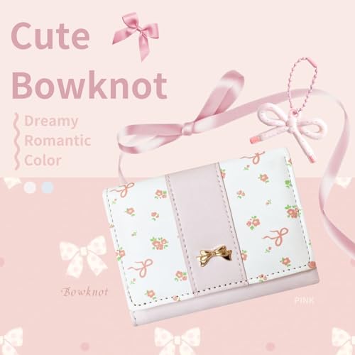 Image of Girls Wallet Cute Bow Coquette Floral Small Kawaii for Women Aesthetic ID Window for Ladies (Pink)