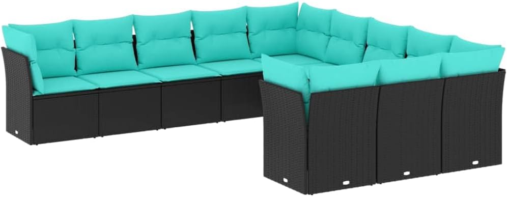 vidaXL 11-Piece Outdoor Patio Sofa Set - Black PE Rattan/Blue Cushions - Modular Design - Removable Covers - Weather-Resistant
