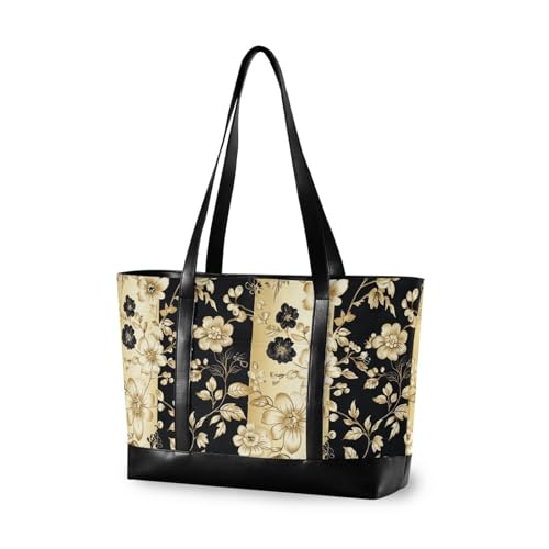 Vintage Flower Pattern Gold and Black essentials womens laptop tote bags with zipper work tote for work with diaper bolsa para laptop mujer