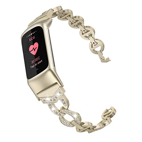 Wearlizer Compatible with Fitbit Charge 5 Bands, Adjustable Premium Metal Straps Bling Bracelet Dressy Wristbands Cute Accessories Replacement Bands for Fitbit Charge 5 Bands for Women, Soft Gold