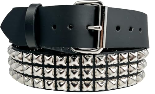Three Row Pyramid Stud Belt, Made In USA Genuine Leather Punk Goth Thrash Metal4