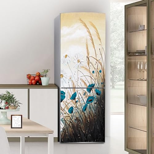 Fridge Wraps Kitchen Fridge Stickers Cover Full Doors, Fridge Sticker Full Covering Door Fridge Covers Decor, Freezer Skins Wall Stickers for Kitchen Decal, Oil Painting White Flower Blue