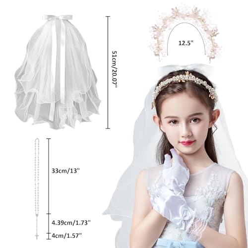 6 Pcs First Communion Veil Set - First Communion Veil for Girls, 1st Communion Veil Bow Veil, White Gloves and Socks Rosary Necklace Bracelet First Communion Hair Accessories for Girl Catholic3