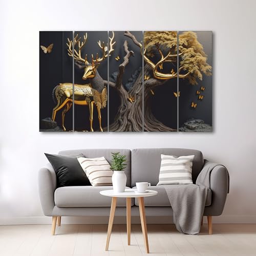 Image of The Castle Decor White & Golden Deer Digital Painting - Wooden Framed Wall Art for Living Room, Bedroom and Hotels (Multi Color - Design 7, 36x60 Inch)