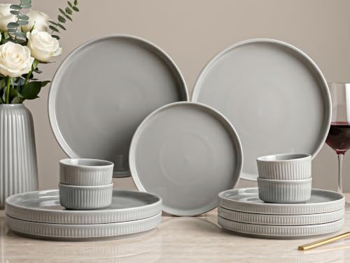Image of Bodhi House 12-Piece Ribbed Porcelain Dinner Set for 4, 4 Dinner Plates, 4 Quarter Plates & 4 Katori, Microwave & Dishwasher Safe, Chip Resistant Crockery Set for Home, Dining & Gifting, Pearl Grey