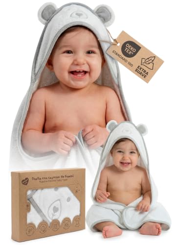 Toalla Baño Bebé Bambu Capucha Capa 89x89 cm (0-3 años) Capa de Baño Suave y Absorbente Regalo Recién Nacido Original para Papás y Mamás Newborn Baby Essentials en Diseños de Animalitos (Blanco)