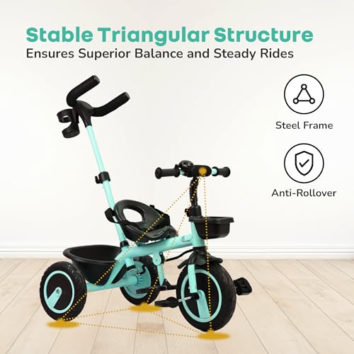 Image of R for Rabbit Tiny Toes R20 Plus Tricycle for Kids with Rubber Wheels, Adjustable Parental Control, Front & Rear Storage Basket | Baby Trike Cycle for 2 to 5 Year, Upto 25 Kgs Boy & Girl (Aqua Blue)