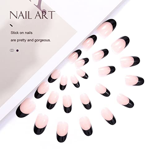 Vatocu Coffin Glossy False Nails Long Pink Fake Nails Flame Tai Chi Press on Nails Black White Full Cover Ballerina Acrylic Stick on Nails for Women and Girls (24 pcs) (Black 2) - Image 2