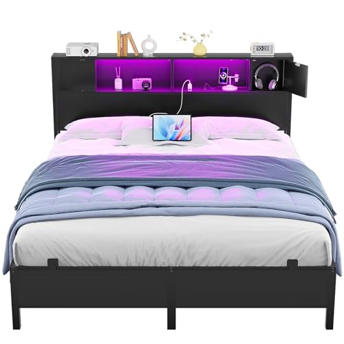 Homieasy Queen Bed Frame with Storage Headboard & LED Lights