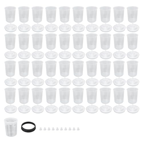 XTevu Paint Sprayer Cup Liners, Disposable Spray Gun Cup System, Automotive Paint Mixing Cup Kit, Paint Gun Liner Set with 40 Lids 10 Plugs (0-810ml/0-28oz (F110807))