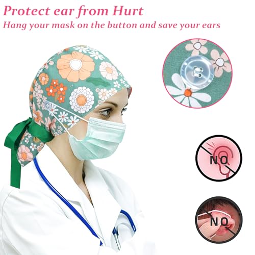 Fanadith Scrub Cap, Surgical Caps for Women, Nurse Caps with Buttons Ribbon Tie, Adjustable Bouffant Nurse Hat
