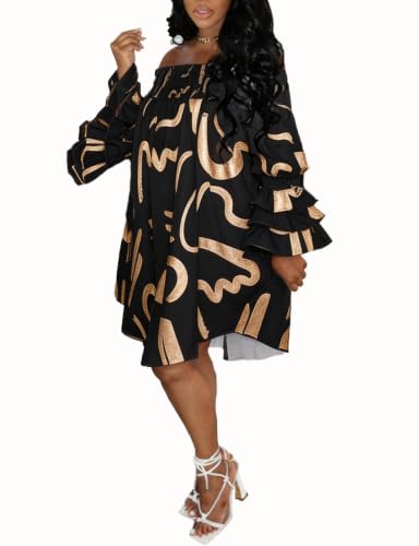 Image of WOKANSE Party Dresses for Women Off Shoulder Layered Flare Sleeve A line Ruched Plus Size Midi Summer Dress